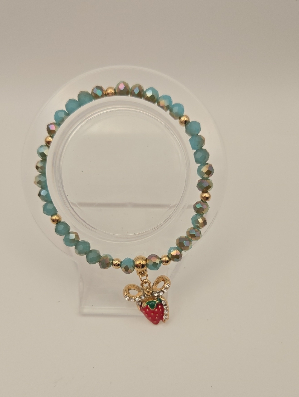 6mm Gold & Teal Beaded Stretch Bracelet with Strawberry Charm